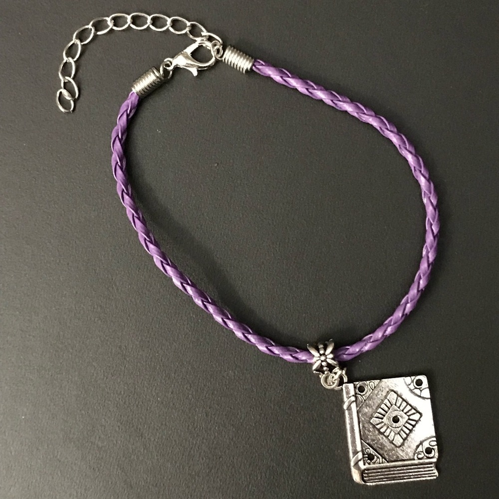 Purple Braided Leather Book Charm Bracelet